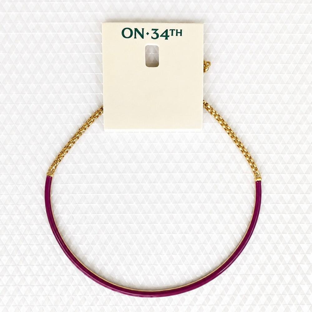 ON 34th Plum Enamel Gold-Tone Chain Collar Necklace NWT